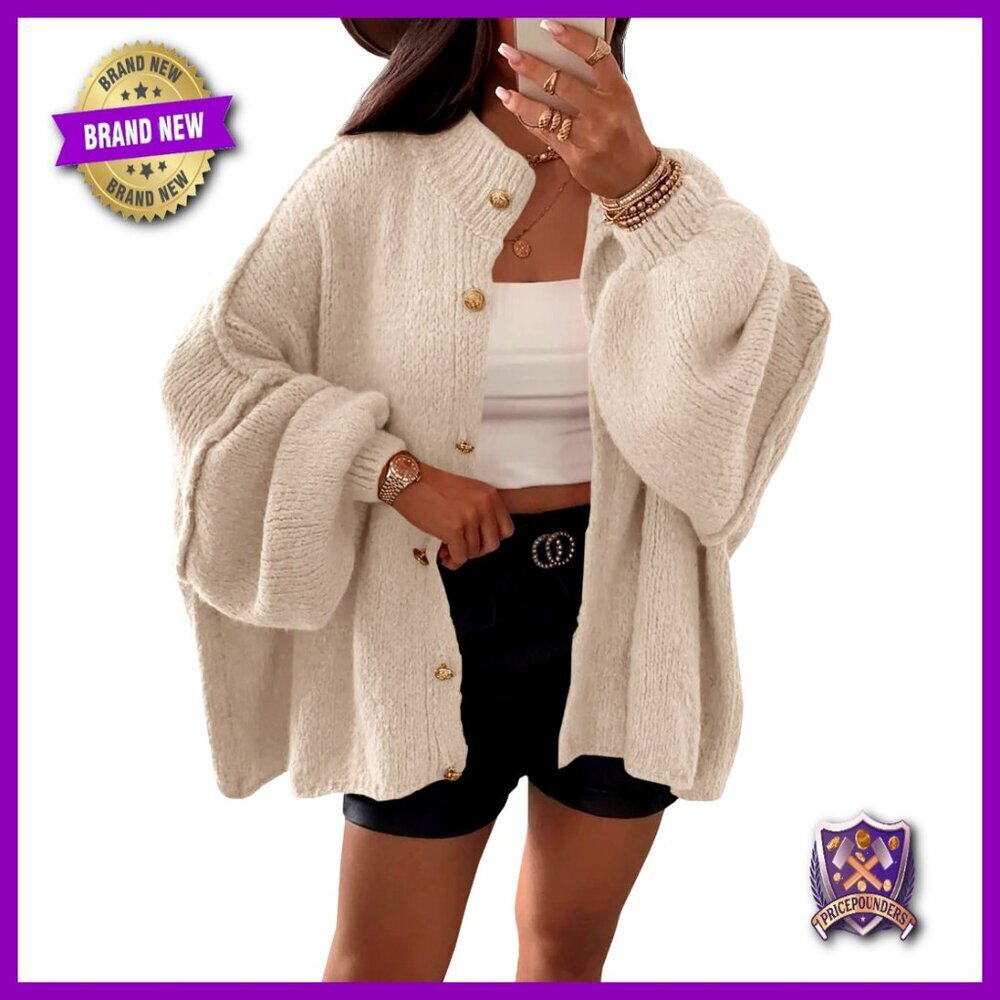 Oversized Chunky Knit Cardigan Lantern Sleeve Button Down Fall Sweater